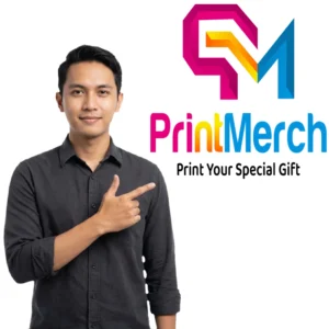 Ilustrasi orang menunjuk ke arah informasi kontak percetakan merchandise di Jakarta