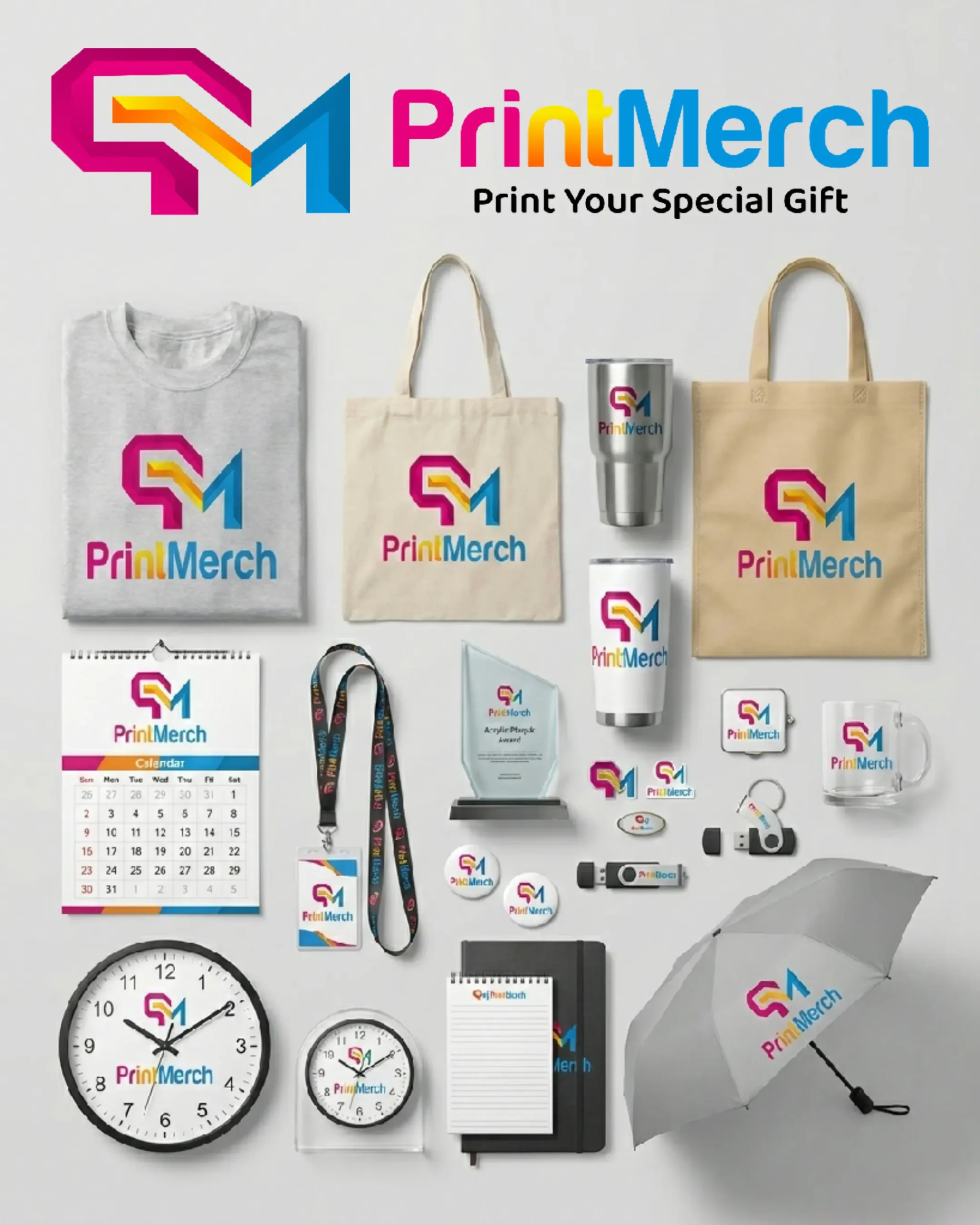 Contoh produk percetakan custom merchandise dan souvenir di Jakarta seperti kaos, tumbler UV print, tote bag, mug, kalender, ID card, dan plakat akrilik